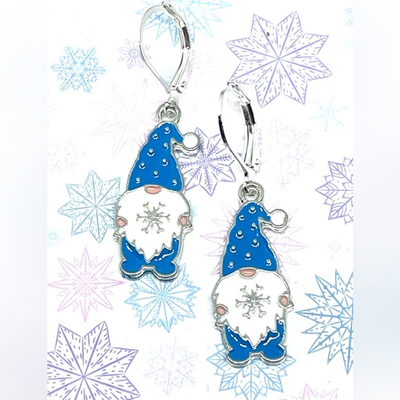 Winter Gnome Blue White Enamel Silver Snowflake Polka Dots Leverback Earrings - Picture 2 of 4
